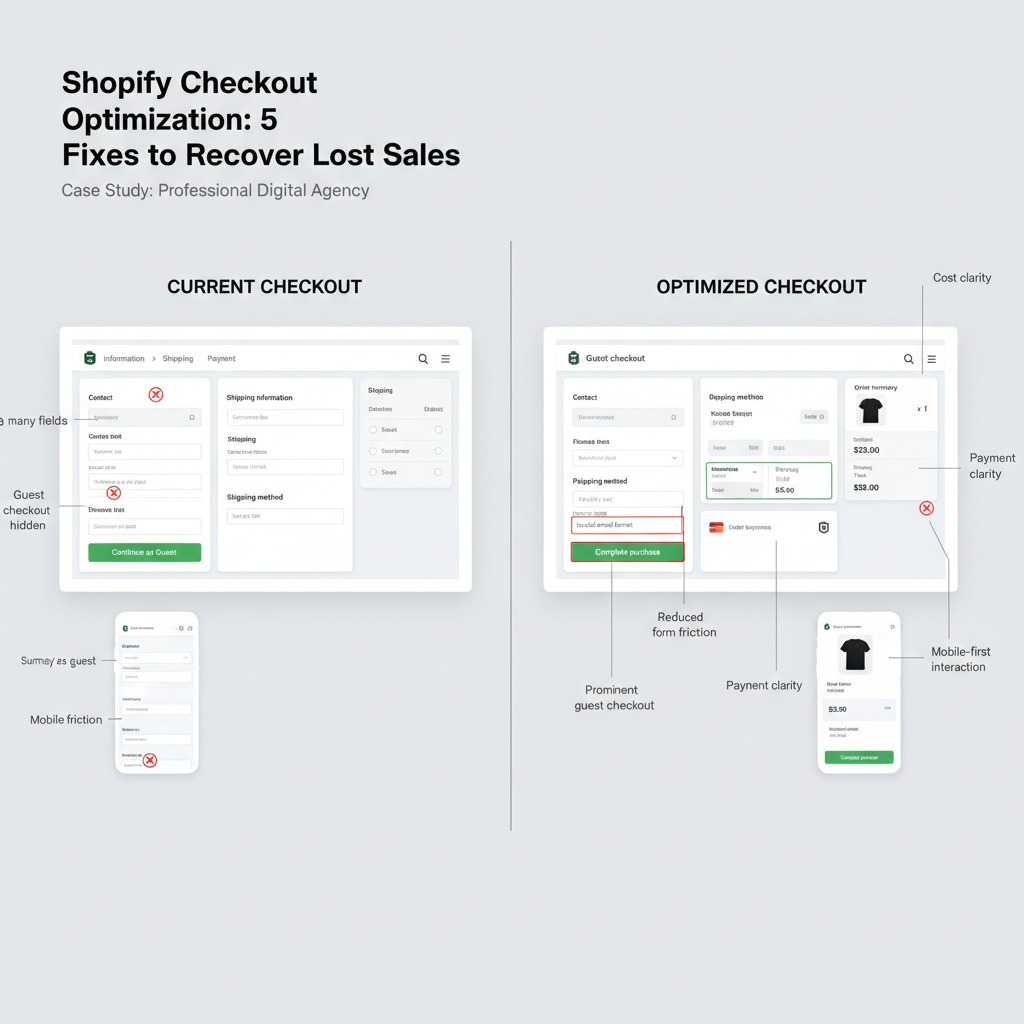 A comparison graphic showing a Shopify checkout page before and after optimization, highlighting improvements in form design, guest checkout accessibility, and mobile user experience.