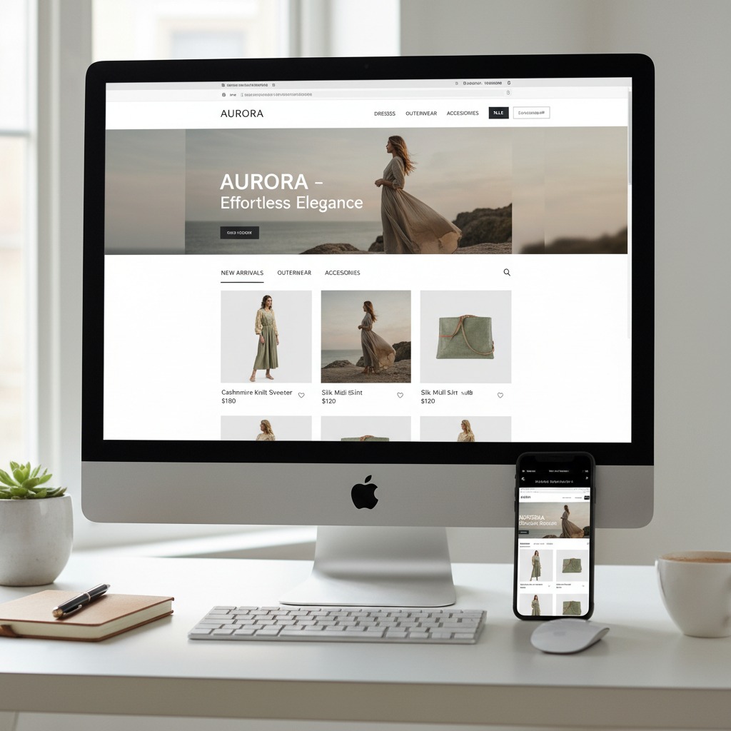 A desktop computer and a smartphone display the Aurora fashion website on a clean office desk.