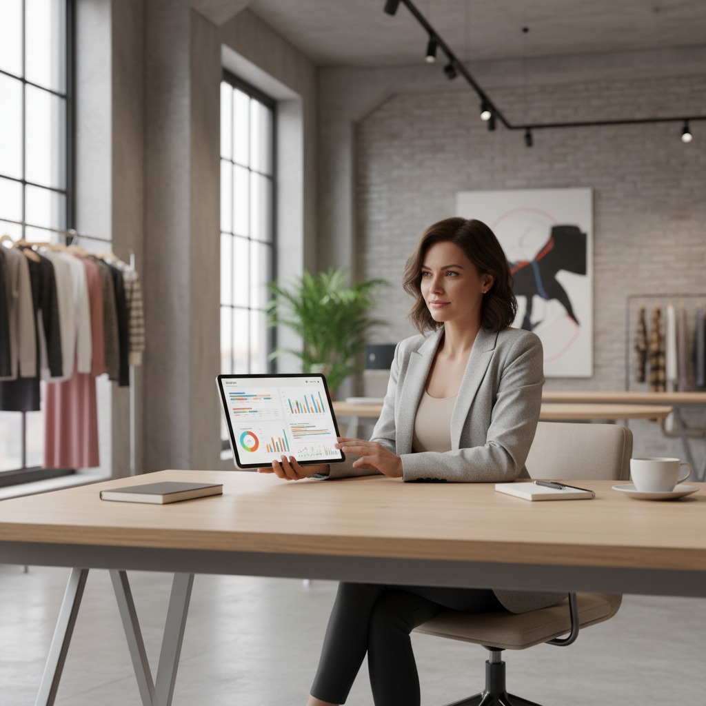 A professional woman in a blazer sits at a desk in a modern office, holding a tablet that displays various business charts and data visualizations.